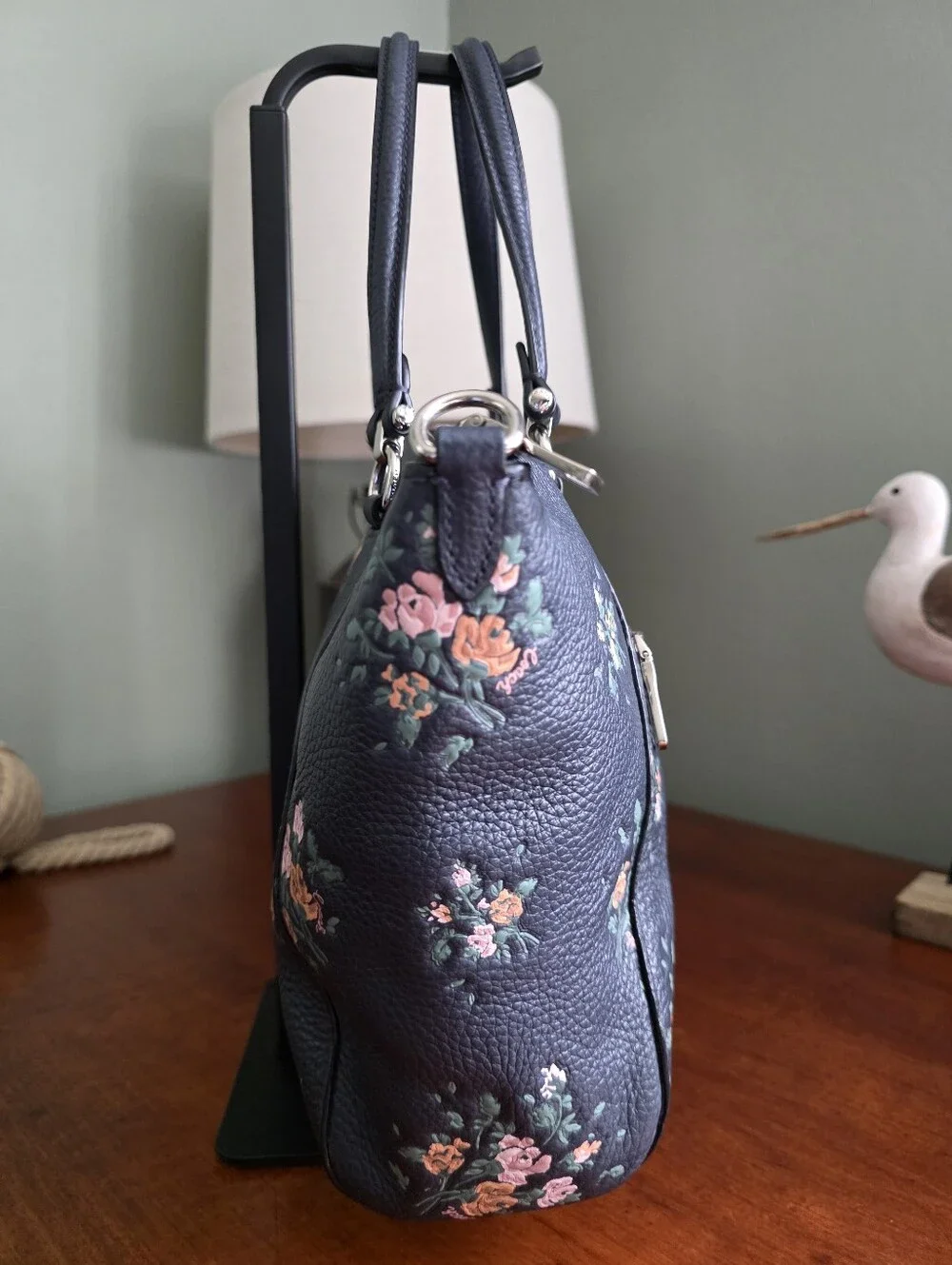 Coach 91603 Prairie Satchel Rose Bouquet Navy Pebbled Leather Crossbody Bag
